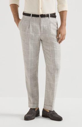 Brunello Cucinelli Linen Prince of Wales trousers with pleat in Panama at Nordstrom, Size 48 It