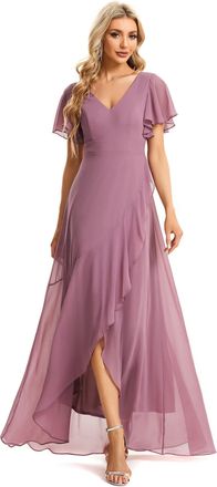 Ever-pretty Women Chiffon Asymmetrical V Neck Short Sleeves Long Wedding Bridesmaid Dress Orchid 20