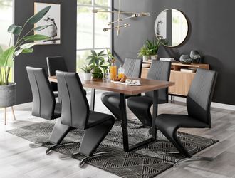 Furniturebox Kylo Large Brown Wood Effect Dining Table & 6 Willow Faux Leather Chairs in Black