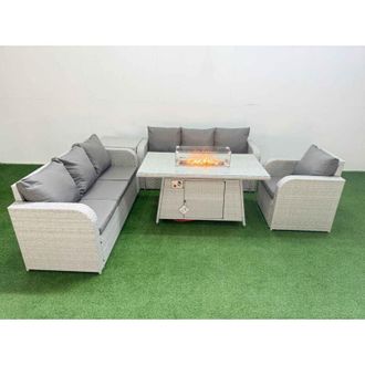 Fimous 7 Seater Poly Rattan Outdoor Garden Furniture Firepit Dining Table Sofa Set Patio 3 Seater Sofa Reclining Chair 3 Seater Sofa 2 Side Table Light Grey