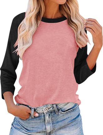 Generic 3/4 Sleeve T-Shirts for Women UK Fashion Colour Block Raglan Sleeves Baseball Tee Shirts Spring Summer Fall Tops Casual Loose-fit Crew Neck Tshirt Blo