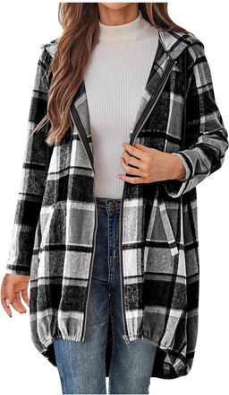 Generic Winter Jackets for Women Hooded Plaid Womens Jacket Long Sleeve Zip Up Ladies Coat Casual Outerwear with Pockets Cardigan Top Fall