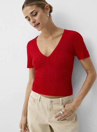 Icone Womens Pointelle knit V-neck T-shirt