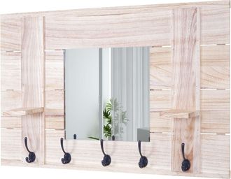 Hhg [nunca Usado] Perchero De Pared Hhg-933 Con Espejo, Panel Perchero Armario, Aspecto Shabby Vintage, 5 Ganchos 90x60cm, Marr&oacute;n Natural