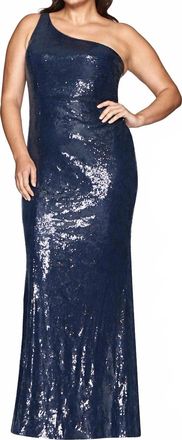 Faviana One Shoulder Sequin Gown - Plus In Navy