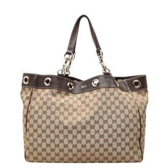 Gucci Gg Canvas Beige Brown Gg Canvas Leather Handbag Tote Bag (Pre-Owned)