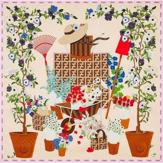 Fendi Silky Scarves, female, Beige, Size: ONE SIZE Gardening-print Silk Foulard