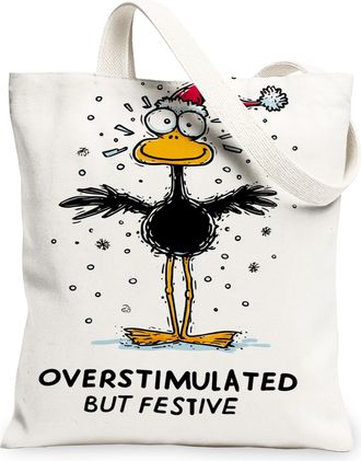 Generic Festive Bird Canvas Tote Bags, Cute Animal Design Reusable Grocery Bags, Winter Holiday Lightweight Washable Shoulder Strap, White, 13x15 Inch