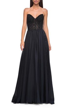 La Femme Chiffon Gown with High Slit and Strapless Lace Top in Black at Nordstrom, Size 00