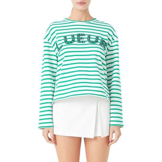 endless rose Lueur Stripe Long Sleeve Knit Top in White/Green at Nordstrom Rack, Size X-Small