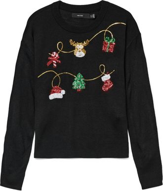 Vero Moda Weihnachtspullover VERO MODA VMGLITTER LS O-NECK XMAS BOX, Damen, Gr. M, schwarz detail:with seq, garland artwork, Strick, Obermaterial: 100% Polyacry