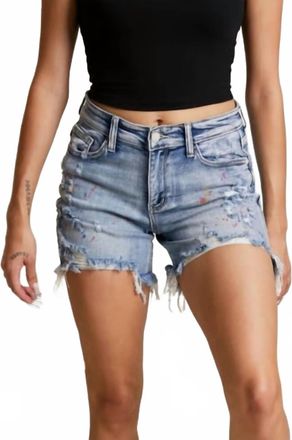 Judy Blue Mid-Rise Rainbow Paint Splash Cut Off Shorts In Blue