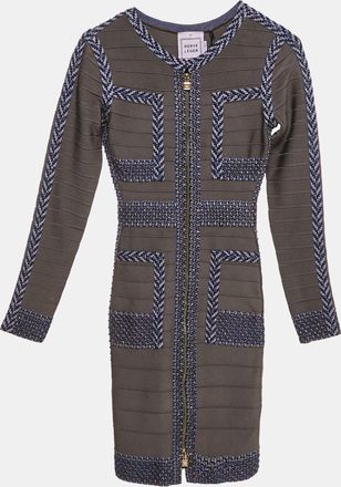 H&eacute;rve L&eacute;ger Grey/blue Beaded Knit Bandage Keslyn Dress