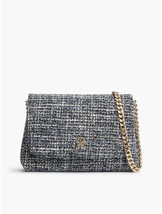 Tommy Hilfiger Womens Monogram Tweed Flap Crossbody Bag - Navy Multi
