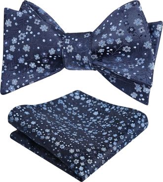 Alizeal Mens Floral Self Tied Bow Tie and Pocket Square for Wedding Party Business Tie Set, Navy+Light Blue