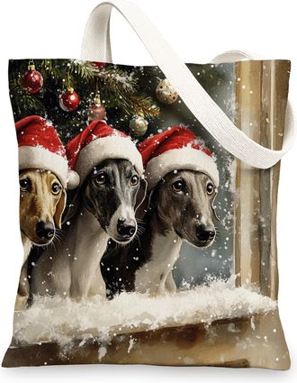 Generic Christmas Greyhound Dog Canvas Tote Bag for Shopping 13x15, Winter Farmhouse Xmas Puppy Reusable Grocery Print Pattern Bag for Women Men, Happy New Ye