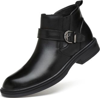 Generic Mens Genuine Leather Pointed Toe Dress Chelsea Boots Adjustable Buckle Inner Zipper Ankle Boots Casual Formal Business Booties (Black 1 Plush,11.5)