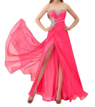 Angela & Alison Floor Length Prom Dress In Neon Pink