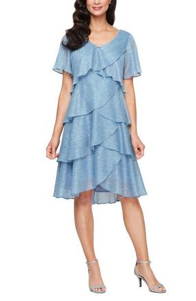 S.L. Fashions Embellished V-Neck Short Sleeve Shimmer Bodre Tier Cocktail Dress in Hydrangea at Nordstrom, Size 12P