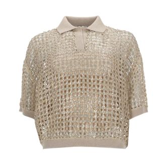 Brunello Cucinelli Polo de punto en seda y lino - Tops - Mujer - Beige - M