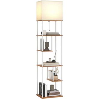 HOMCOM Homcom L&aacute;mpara De Pie Con Estantes, L&aacute;mpara Sal&oacute;n Con Temperaturas De Color Ajustable 3000k-6500k, Control Remoto, Bombilla E27, Temporizador, Natural