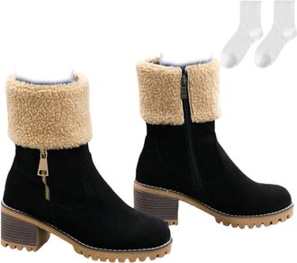Generic Womens Winter Boots with Warm Fleece Collar, Lined Mid-Calf Suede Boots with Side Zipper And Block Heel, Non-Slip Comfortable Boots for Autumn & Winte