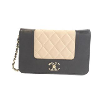 Chanel Beige Black Leather Chain/Shoulder Wallet (Pre-Owned)
