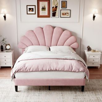 Matteo Double Pink Velvet Bed Frame | Scalloped Petal Headboard, Solid Wood Slats & Easy Assembly