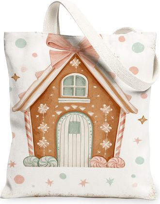 Generic Gingerbread House Canvas Tote Bags, Festive Design Reusable Shopping Bags, Winter Vintage Lightweight Washable Shoulder Str, White, 13x15 Inch