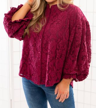 Fate Jayne Lace Bubble Sleeve Blouse In Wine