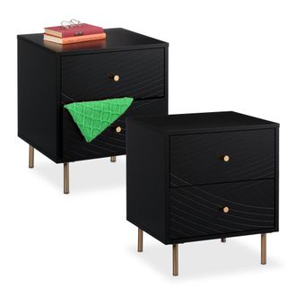 Relaxdays Relaxdays - Mesita De Noche Con 2 Cajones, Set De 2, Mesilla Dormitorio, Mesa Auxiliar Cama, 52 X 45 X 40 Cm, Negro/dorado