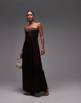 Topshop Vestito midi a fascia in raso color cioccolato-Marrone
