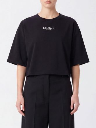 Balmain Cropped Cotton T-shirt with Contrast Logo and Dropped Shoulders