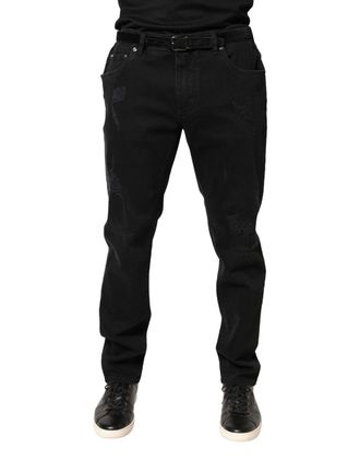 Dolce & Gabbana Mens Black Tattered Skinny Cotton Denim Jeans Blue Elastane Clothing