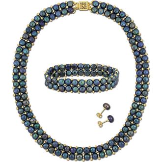 Delmar Set of 3 Cultured Freshwater Pearl Stud Earrings, Bracelet & Necklace in Black at Nordstrom Rack