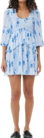 Ganni Pleated Georgette Flounce Smock Mini Dress In Heather
