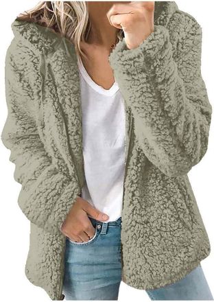 Generic Fleece Jackets For Women UK Soft Teddy Fleece Jacket With Hooded Full Zip Pockets Coats Warm Soft Wool Sweatshirts Furry Overcoat Cardigan Casual Thic