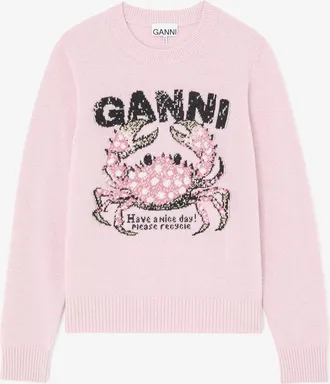 Ganni Pink Sweater with Crab - Size XXS Wool