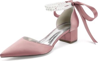 Generic Bridal Shoes Satin Womens Block Heel Wedding Shoes Pointed Toe Prom Party Dress Pumps 4.5Cm,Flesh Pink,10 UK