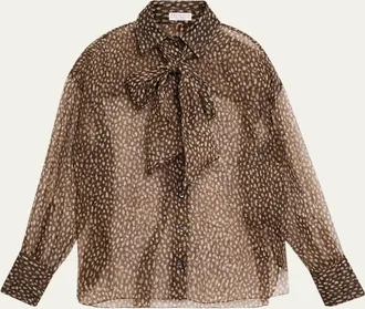 Brunello Cucinelli Pois-Lier Print Long-Sleeve Silk Blouse