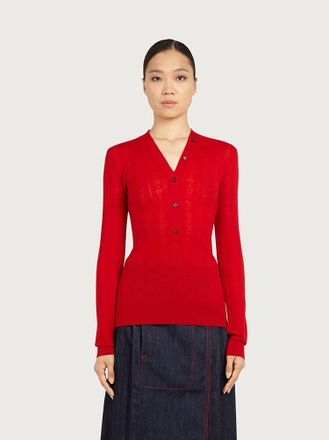 Ferragamo V-Neck Wool Knit Cardigan - Red