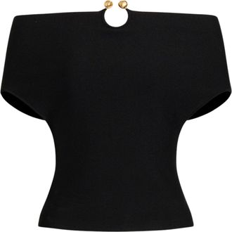 Alberta Ferretti Black Knit Sweater with Off-the-Shoulder Neckline and Gold Accent Buttons