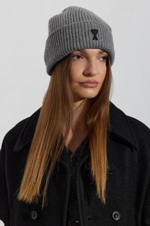 Ami Wool Beanie With Logo, Unisex, Grey