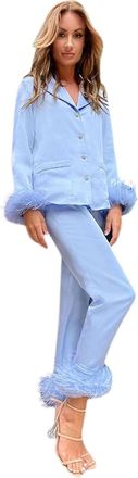 Generic Feather Womens Pyjamas: Long Sleeve Lapel Button Down Tops & Pants Pajamas Nightwear Loose Loungewear Two Piece Set