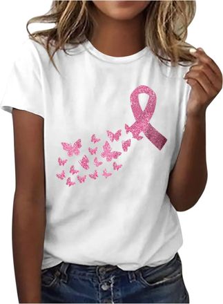 Generic Breast Cancer Awareness Classic Tee - Watercolor Ribbon Print Womens Round Neck Essential Top