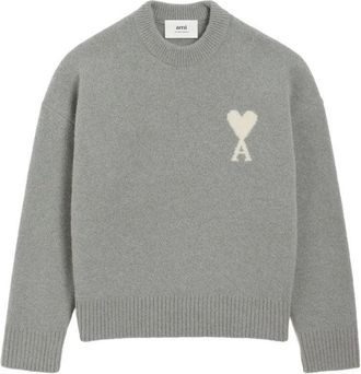 Ami Intarsia-Knit Heart Logo Grey Wool Sweater