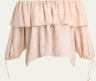 Chlo&eacute; Flower Print Off-The-Shoulder Silk Top