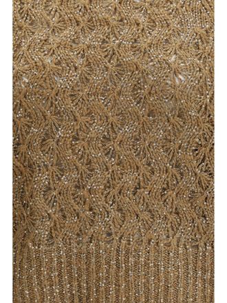 Brunello Cucinelli Womens Open-Knit Sweater Sesame-Camel Silk Sesame/camel