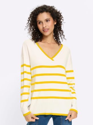 Heine V-Ausschnitt-Pullover HEINE Pullover, Damen, Gr. 34, sonnengelb, ecru, geringelt, 70% Viskose, 30% Polyamid, gemustert, gestreift, Pullover V-Ausschni