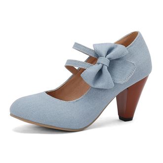 Generic Women Denim Double Strap Pumps Round Toe Pointed Heel Bow Decor Cutout Ankle Strap Non Slip Durable Comfortable Dress Party Shoes,Light Blue,10.5 UK
